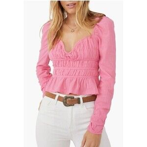 Free People Chloe Top Aurora Pink SMALL Sweetheart Neckline Smocked Back Tie $98